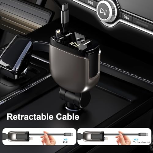 Ultimate Retractable 4-in-1 Car Charger – Fast Charging Solution with 2.6 ft Cable, Dual USB-C & Phone Compatibility for i Phone 16/15 Pro Max, Galaxy, Pixel – Essential Travel Accessory for Multi-Device Power Needs
