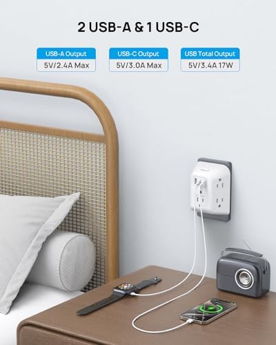 Maximize Your Charging Potential with the TROND Surge Protector Outlet Extender – 5-Outlet Power Strip with 3 USB Ports (1 USB-C) and ON/OFF Switch for Safe, Efficient Device Management at Home, Office, or On-the-Go – Ideal Multi Plug Expander with Enhanced Surge Protection and Space-Saving Design