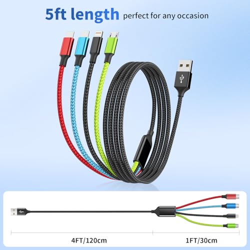 Versatile 4-in-1 Nylon Braided Charging Cable – 2 Pack, 5 FT Length, Fast Charging Universal USB Cable for Lightning, USB-C, and Micro USB Devices, Optimized for High-Speed Connectivity and Enhanced Durability, Ideal for Phones, Tablets, and More