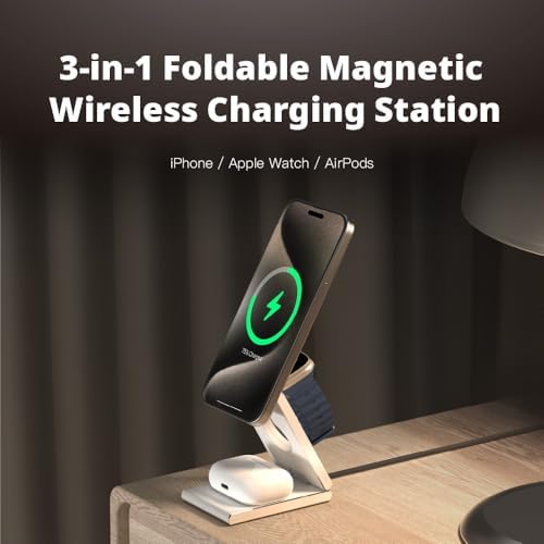 Versatile 3-in-1 Magnetic Wireless Charger for i Phone, Apple Watch & Samsung Galaxy – Travel-Friendly Foldable Charging Station with Fast Charging Capability, Enhanced Compatibility & Sleek Design (White)