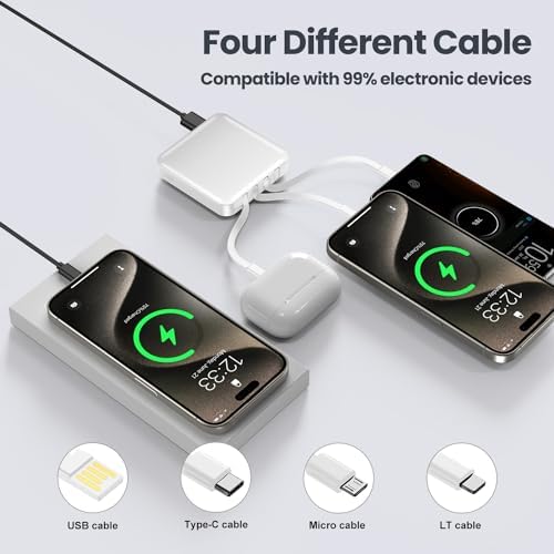Ultra-Compact 12000 m Ah Fast Charging Power Bank with Built-in Cables – All-in-One Portable Charger for i Phone, Tablets & Samsung Devices, Featuring USB C Input/Output and LED Battery Display for Maximum Efficiency and On-the-Go Convenience