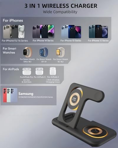 Innovative 3-in-1 Wireless Charging Station with Adjustable Night Light – Fast Charge Your i Phone 16-12, Samsung Galaxy S24-22, Apple Watch, and Air Pods Simultaneously – Sleek Foldable Design for Enhanced Space Efficiency and User-Friendly Operation – Durable ABS Construction with Tempered Glass Panel for Scratch Resistance and Efficient Heat Dissipation – Perfect for Nighttime Use with Soft LED Lighting – Ideal for Home or Office Setup – Compatible with Most Wireless Charging Devices – Elevate Your Charging Experience with One Convenient Solution