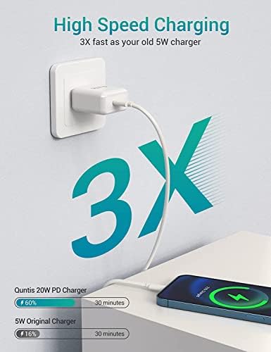 Quntis 20 W High-Speed i Phone Charger Block with 6 FT USB-C to Lightning Cable – Rapid Charging Solution for i Phone 14, 13 Pro, Max, Mini, 12, 11, XS, XR, X, and i Pad – Compact, Durable, and MFi Certified for Optimal Performance