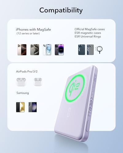 Ultra-Compact ESR Mag Safe Power Bank – 5,000 m Ah Fast Charging Battery Pack with Qi2 Certification – Slim 0.55 in Design for i Phone 16/15/14/13/12 – 15 W Wireless & 20 W USB-C Charger with Cable – Essential Travel Accessory for On-the-Go Power