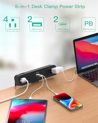 Ultimate PD30 W Desk Clamp Power Strip: 5 Ft Surge Protector with 4 Outlets & 4 USB Ports (2 USB-C) for Rapid Charging – Essential Home Office Accessory Enhancing Workspace Efficiency and Safety