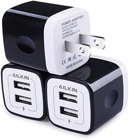 AILKIN 3-Pack Dual USB 5 V/2.1 A Wall Charger – Fast Charging Power Adapter for i Phone 15, Samsung Galaxy, Google Pixel – Compact Travel-Friendly Design with Enhanced Compatibility and Safety Features