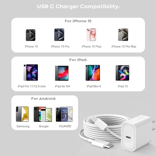 i Phone 16 Fast Charging Kit – 20 W Power Delivery Charger Bundle with 6 ft USB C to Type C Cable for i Phone 16/16 Pro Max/i Pad 10/i Pad mini 6/i Pad Air 5/4/i Pad Pro 12.9 – Ultimate Speed and Compatibility for On-the-Go Power Needs
