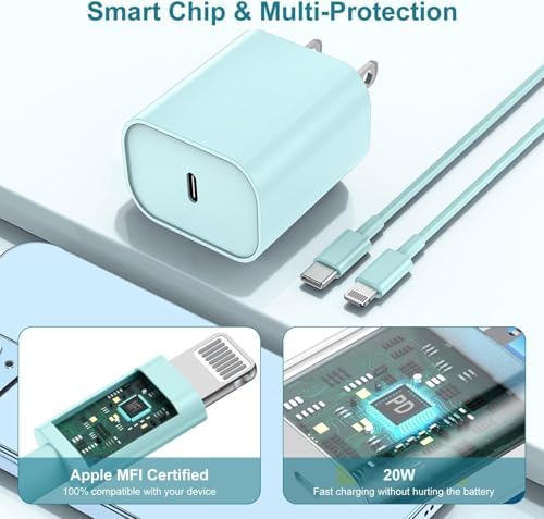 MFi Certified 20 W USB-C to Lightning Fast Charger for i Phone 14/13/12 – 6 FT Durable Cable & Power Delivery Block in Stylish Blue – Ultimate Solution for Rapid Charging of All Apple Devices Including i Pad Pro, XS, XR, 8 Plus – Optimized for Reliability and Speed