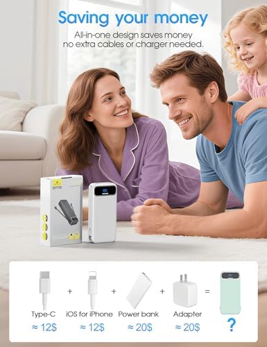 Ultra-Compact 12000 m Ah Power Bank with Built-in Charging Cables & AC Plug – 20 W PD Fast Charging for i Phone, Samsung, Android, USB-C Devices – Travel-Friendly External Battery Pack in Purple – Unmatched Portability and Efficiency for On-the-Go Charging Solutions