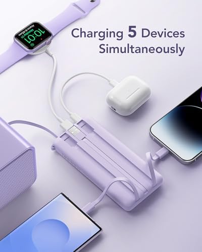 VRURC 10,000 m Ah Slim Power Bank – Ultimate Multi-Device Portable Charger with Built-in Cables, 5 Outputs & Dual USB-C Inputs for i Phone, Samsung, Android – Travel Essential for On-the-Go Power Solutions