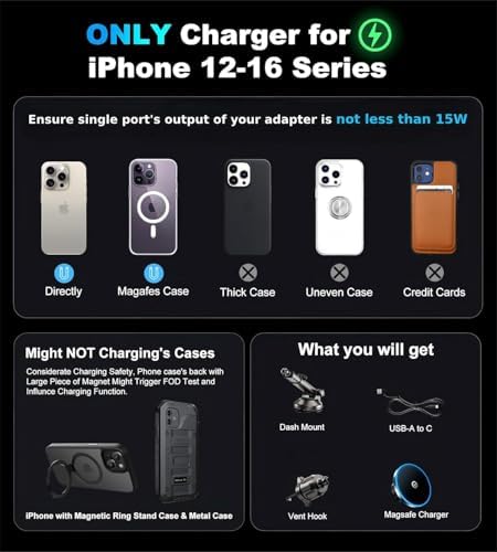 Mag Safe Wireless Car Charger Mount – Ultimate Magnetic Phone Holder for i Phone 12-16 Series, Dash/Windshield/Vent Compatibility, Enhanced Quick Charge with LED Light for Safe Navigation and Seamless Connectivity