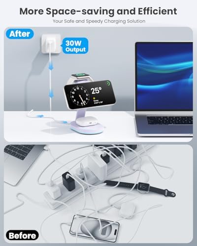 Ultimate 3-in-1 Wireless Charging Station for i Phone, Apple Watch, and Air Pods – Qi2 Certified 15 W Magnetic Charger with 30 W USB-C Adapter & Integrated Night Light – Streamlined Design for i Phone 16/15/14/13/12 – Superior Speed and Enhanced Compatibility for Modern Tech Users