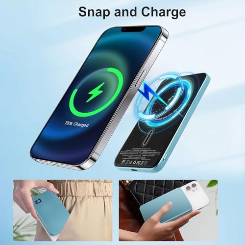 Ultra-Slim Magnetic 5000 m Ah Portable Charger – 15 W Fast Wireless Charging Power Bank for i Phone 15/14/13/12 Pro/Pro Max/Plus & USB-C Compatibility – LED Battery Monitor for Effortless On-the-Go Power