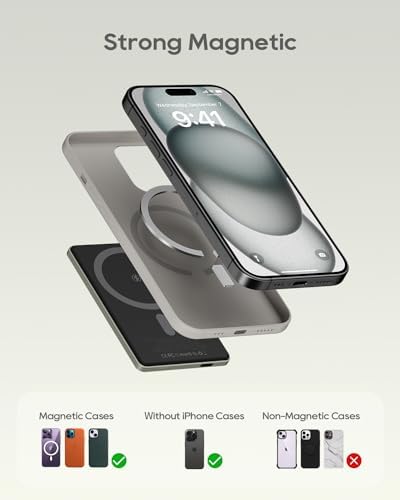 Ultra-Slim Kuulaa Mag Safe Battery Pack – 5,000 m Ah Power Bank for i Phone 15/14/13/12 Series – Magnetic Wireless Charger with PD 20 W Two-Way USB-C Fast Charging – Lightweight Grey Portable Power Solution for On-the-Go Charging