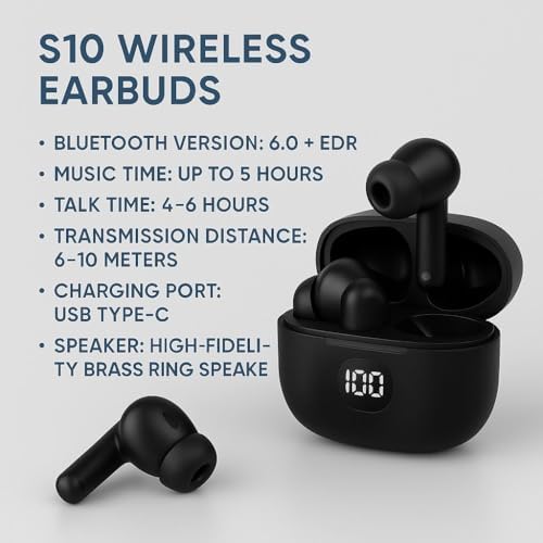 Havennova S10 Bluetooth 5.3 Wireless Earbuds – Premium Noise Cancelling Headphones with Rich Bass and Ergonomic Comfort for Non-Stop Listening – Up to 5 Hours Music Playback & 4-6 Hours Talk Time – Sleek Black Design for Effortless Style and Universal Compatibility