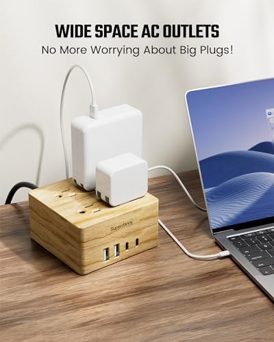 SUPERDANNY Portable USB Power Strip Surge Protector – Premium Desktop Extension Cord with 4 Spacious Outlets & 4 Advanced Smart USB Charging Ports for Home, Office, Hotel, Dorm, and RV Use – Elegant Faux Walnut Finish for Enhanced Aesthetics and Device Safety