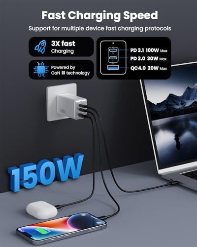 Ultimate 150 W USB-C Charging Hub – Compact Multi-Device Power Adapter with 3 Fast-Charging Ports for Mac Book Pro, i Phone 16, Galaxy S24, and Dell Laptops – Enhanced Efficiency with Ga N Technology for Professionals on the Go