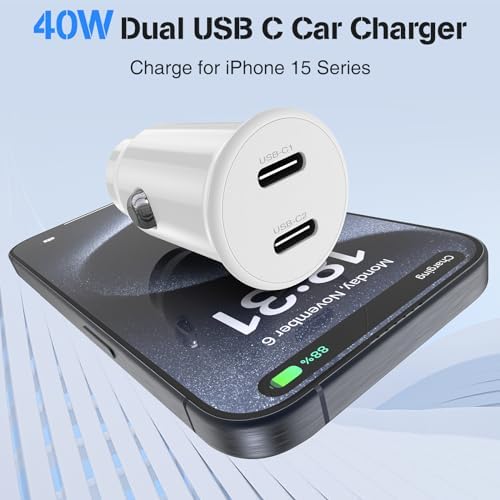 High-Power USB C Car Charger for i Phone 16 & 15 Series – 40 W Dual Port Fast Charging Adapter with 3 FT USB-C to C & A to C Cables – Versatile Compatibility for i Pad, Samsung, and More – Compact Design for On-the-Go Convenience and Enhanced Safety Features