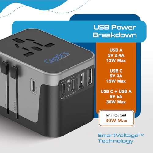 Global Travel Power Adapter – Ceptics 6-in-1 Charger with Dual USB-A & Triple USB-C Ports for Lightning-Fast Charging – Universal Compatibility for USA, EU, UK & AUS Electronics – Ideal for Smartphones, Laptops & Cameras – UP-30 KU-BL for Efficient Multi-Device Charging Solutions