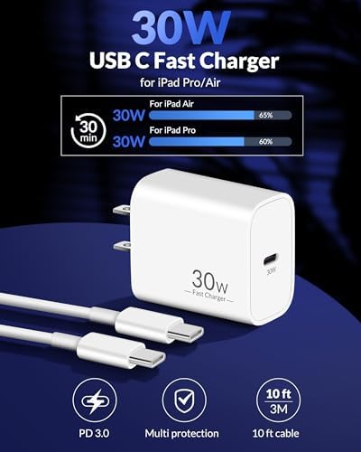 30 W USB-C Fast Charger with 10 FT Cable for i Pad Pro & Air Models – High-Speed Charging with Enhanced Compatibility for All Generations – Perfect for Travel and Everyday Use
