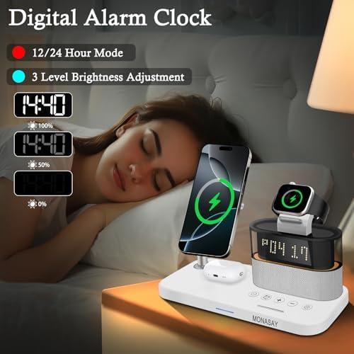 MONASAY Qi2 5-in-1 Wireless Charging Hub with Alarm Clock – 23 W Fast Charger for i Phone 16/15/14/13/12, Air Pods, and Apple Watch – Magnetic Stand for Optimal Device Alignment – Sleek Black Design for Home and Office Use – Ultimate Convenience and Speed in One Charging Solution