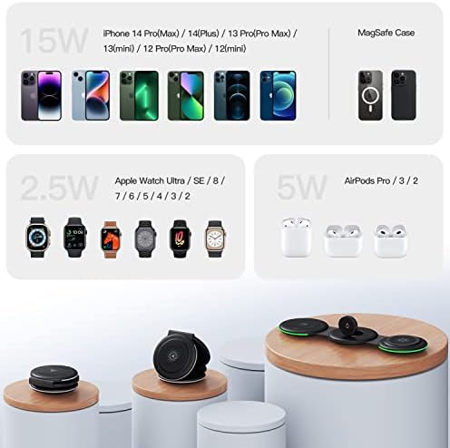 GUSGU 3-in-1 Wireless Charging Station – Mag Safe Compatible Fast Charger for i Phone 14/13/13 Pro Max, Apple Watch & Air Pods – Ultimate Travel Dock with Storage Bag & Adapter Included – Streamlined Design for Efficient, Tangle-Free Charging