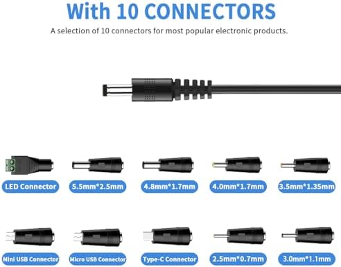 Universal 12 V 2 A AC Power Adapter with 10 Connectors – Ideal Charger for LED Strip Lights, CCTV Cameras, Speakers, and GPS Devices – FCC & UL Certified for Optimal Safety – 5-Foot Cord for Flexible Setup and Fast Charging – Dependable Power Supply for Home and Office Applications