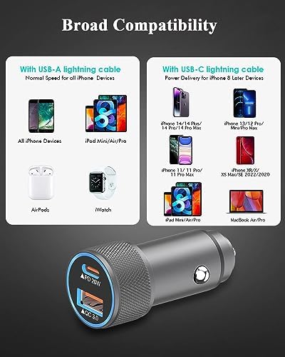 High-Performance i Phone Car Charger – Dual-Port 38 W USB-C & QC3.0 Fast Charging Adapter with 2 Lightning Cables, MFi Certified for i Phone 14, 13 Pro Max, 12, 11, X – Sleek Grey Design for Enhanced Compatibility and Efficiency on the Road