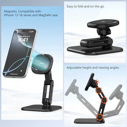 Elevate Your Workspace with the VRIG Magnetic Phone Holder for Desk – Adjustable i Phone Stand Compatible with i Phone 16, 15, 14, 13, 12 Pro Max & Mag Safe Cases – Foldable, Portable Design for Enhanced Productivity and Seamless Viewing Experience