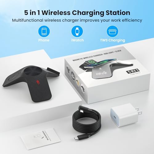 YLF 5-in-1 Fast Wireless Charging Station with Bluetooth Clock – Multi-Device Charger for Samsung Galaxy S23 Ultra/S23/S22/S21 – Sleek LED Display & Enhanced Speed for a Clutter-Free Workspace