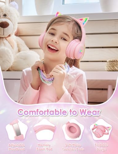 Whimsical Cat Ear Bluetooth Headphones for Kids & Adults – Immersive Hi-Fi Sound, 55-Hour Playtime, LED Light-Up Design, Built-In Microphone, and Universal Compatibility with i Phone, i Pad, Laptop & PC for Ultimate Fun and Comfort