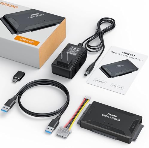 FEMORO Ultra-Fast 3-in-1 Hard Drive Reader – IDE & SATA to USB 3.0 + USB-C Adapter with 12 V Power Supply for Seamless Data Transfer of 2.5” SSDs and 3.5” HDDs – Versatile Connectivity for Windows & Mac Users, Perfect for Data Backup and Retrieval