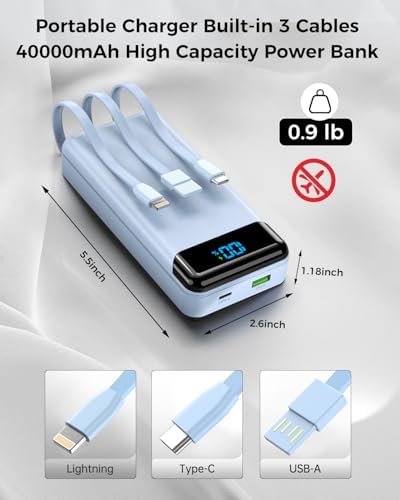 Ultra High Capacity 40,000 m Ah Portable Power Bank with Integrated Cables – 22.5 W PD Fast Charging Solution for i Phone 16/15/14/13, Samsung Galaxy S24/S23/S22/S21 & More – 5 Output Ports & 3 Input Options for Multi-Device Compatibility – Precision LED Display for Real-Time Power Monitoring – Lightweight & Compact Design Perfect for Outdoor Adventures, Travel, Camping, and More – Versatile Backup Battery for Smart Devices Including Tablets, Cameras, and More – Ultimate Charging Convenience Wherever You Go
