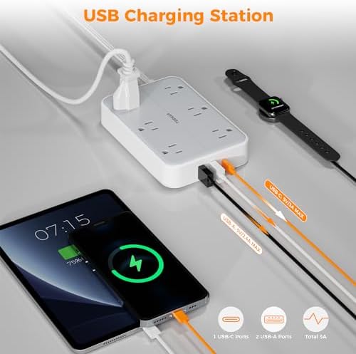 TESSAN 10 FT Flat Extension Cord with Surge Protection: Compact Power Strip Featuring 6 AC Outlets, USB-C & Dual USB-A Ports – Ideal for Home, Office, and Dorm Room Use with Wall Mount Capability for Space-Saving Convenience