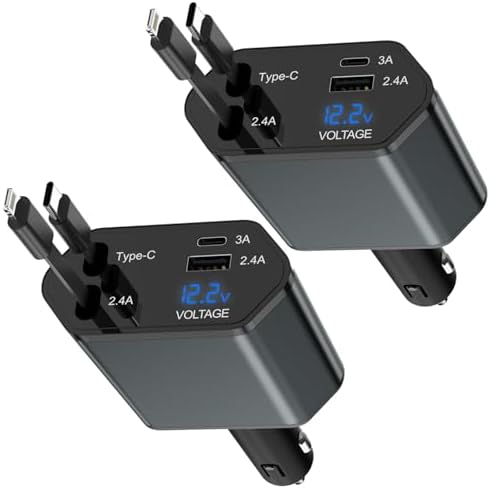 Upgrade Your Travel Power with the 4-in-1 Retractable Car Charger – Dual Pack Fast Charging Solution for i Phone 16 e/16/15 Pro/Plus/14/13/12/11 Pro Max and i Pads – 66 W Quick Charge, 2.6 ft USB-C Cord, Tangle-Free Design for Ultimate Convenience and Compatibility