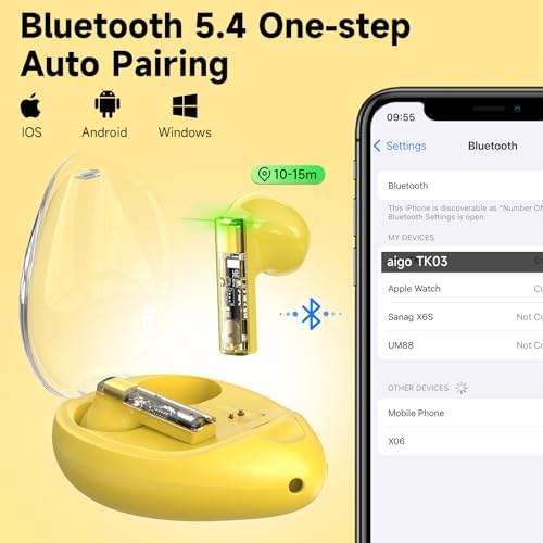 Discover the aigo True Wireless Earbuds: Cutting-Edge Bluetooth 5.4 Headphones with Touch Controls, Water-Resistant Design, and Dual-Microphone Clarity – Vibrant Super Shine Yellow with Convenient Neck Lanyard for Effortless On-the-Go Listening and Enhanced Audio Quality.