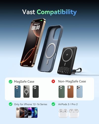 Ultra-Slim Mag Safe Portable Charger – INIU 20 W 5000 m Ah Magnetic Power Bank with Qi2 Certification, Fast Wireless Charging, Lanyard USB-C Cable & Kickstand for i Phone 12-16 – Compact Power Solution for On-the-Go Users