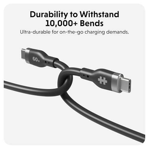 HyperJuice Silicone Charging USBC Cable (1.5m/5ft) w/EcoSmart Silicone Jacket, 60W USB C Charger 3.0 EPR Fast Charge — Tangle-Free USB C Cable 5ft, Withstands 10,000+ Bends (Black) – Enhanced Compatibility and Speed