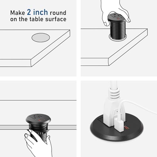 Revolutionize Your Workspace with the 2-Inch Desk Power Grommet Featuring PD 20 W USB-C Fast Charging, Ultra-Flat Plug Design, and Recessed Outlet for Seamless Cable Management – Perfect for Home or Office Use with 6 ft Power Cable (White)