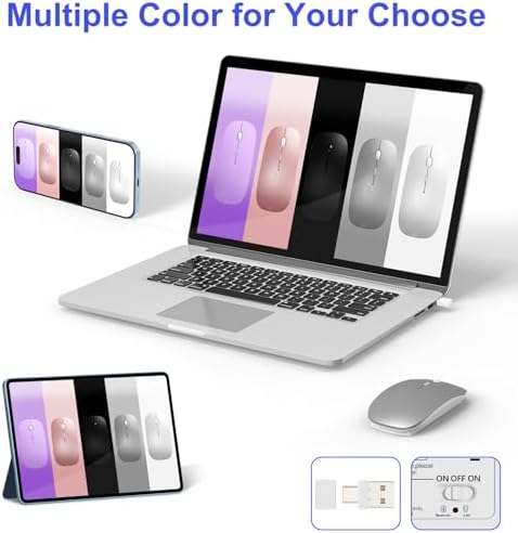 Sleek Silver Bluetooth Wireless Mouse for Mac Book Air & Pro – Ergonomic, Rechargeable, and Silent Tri-Mode Connectivity (2.4 G USB-C/USB-A, Bluetooth 5.2/3.0) for Ultimate Productivity on the Go