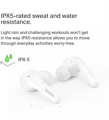 Belkin Sound Form™ Motion True Wireless Earbuds with Dual Microphone – Crystal Clear Calls & IPX5 Water-Resistant Design – Wireless Charging Case for Ultimate Convenience – Perfect Bluetooth Headphones for i Phone & Samsung Users – Enhanced Sound Quality for Active Lifestyles