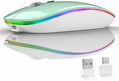 Uiosmuph G12 Slim Rechargeable LED Wireless Silent Mouse – Ultra-Portable USB Optical Computer Accessory with Type C Adapter for Seamless Compatibility and Noise-Free Operation in Blackish Green