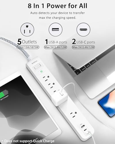 6 Ft Surge Protector Power Strip with 5 AC Outlets & 2 USB-C Ports – Space-Saving Flat Extension Cord for College Dorms & Home Office – Reliable Desktop Charging Station in Sleek White Design – Enhanced Surge Protection for Optimal Device Safety