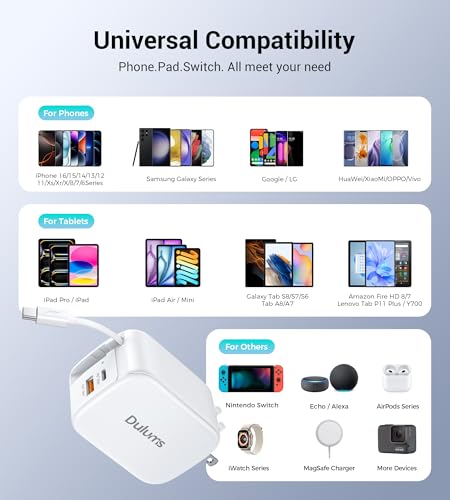 Dulums 40 W Ultra-Fast Retractable Wall Charger – Advanced QC3.0 & Power Delivery Technology with 2.6 FT Lightning Cable – Compact, Portable Power Solution for i Phone 16/15/14/13, Galaxy S24/S23, Pixel Devices – Perfect for On-the-Go Charging in Home, Office, or Travel