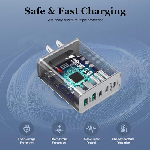 50 W Dual-Pack USB C Charger Block – High-Speed 5-Port Fast Charging Solution for i Phone 12-16 & Samsung Galaxy S23/S24 – Compact Multi-Device Wall Charger with Safety Features for Home and Travel Efficiency