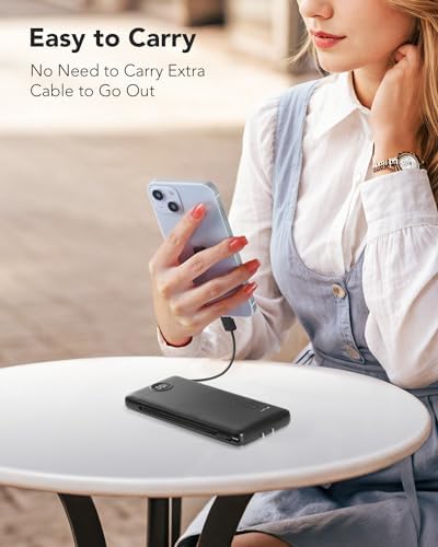 VRURC 10,000 m Ah USB C Power Bank with Built-in Cables & AC Wall Plug – Compact Lightweight Travel Charger for Smartphones & Tablets – Ultimate Convenience & Enhanced Charging Speed