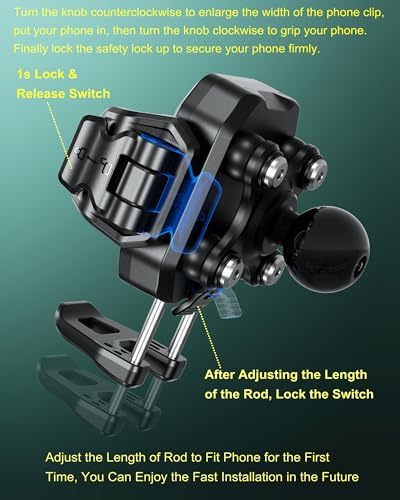 BRCOVAN Anti-Theft Smartphone Mount Holder – Ultimate Vibration Dampening for Secure On-the-Go Use in Cars, Motorcycles & UTVs – Quick 1-Second Lock & Release, Adjustable Aluminum Arm for 5.4-7.2” Devices – Perfect for Navigation and Capturing Stunning Photos