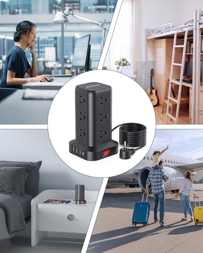 Ultimate Surge Protector Power Strip Tower with 10 FT Cord and 4 USB Ports (1 USB C) – 12 AC Outlets for Home Office and Dorm Room – Space-Saving Design with Enhanced Protection for Your Electronics and Fast Charging Solutions