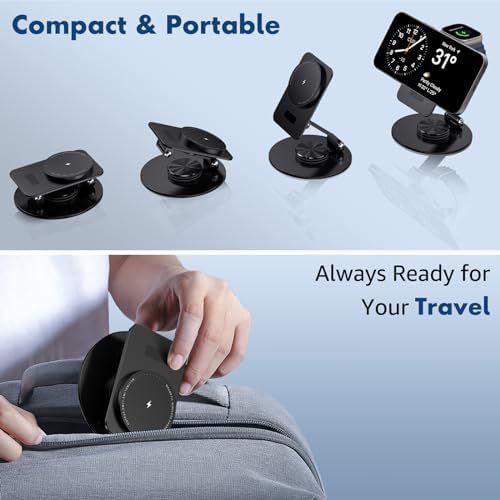 Foldable Magnetic Wireless Charger Stand – 2-in-1 Fast Charging Station for i Phone 16, 15, 14, 13, Apple Watch & Air Pods – Qi Certified 15 W Rapid Charger for Travel & Home Use – Sleek, Portable Design with Enhanced Compatibility and Efficiency