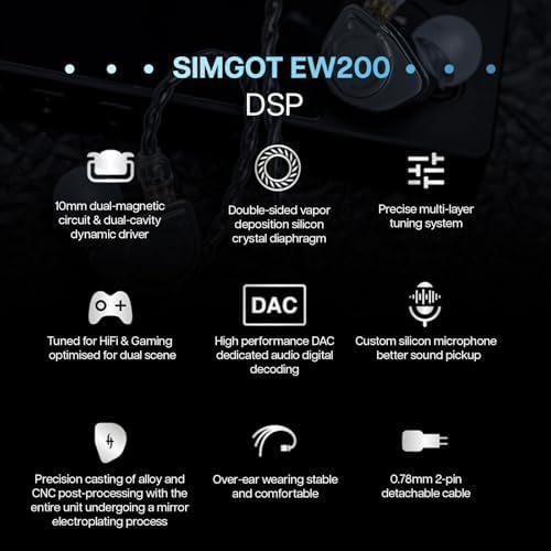 Linsoul SIMGOT EW200 Elite In-Ear Earphones – Cutting-Edge 10 mm SCP Dynamic Driver for Crystal-Clear Sound, Rugged All-Metal Design for Enduring Performance, Detachable 0.78 mm Silver-Plated OFC Cable for Superior Audio Clarity, Built-In Microphone for Effortless Communication – Perfect for Audiophiles and Musicians Seeking Unrivaled Comfort and Device Versatility